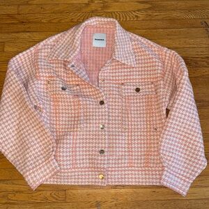 Sandro Paris Womens Coatigan Jacket Tweed Rose Pink Ecru